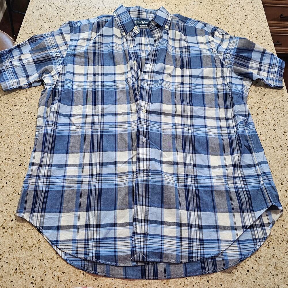 Ralph Lauren Blue and White Plaid Short-Sleeve Button-Down Shirt